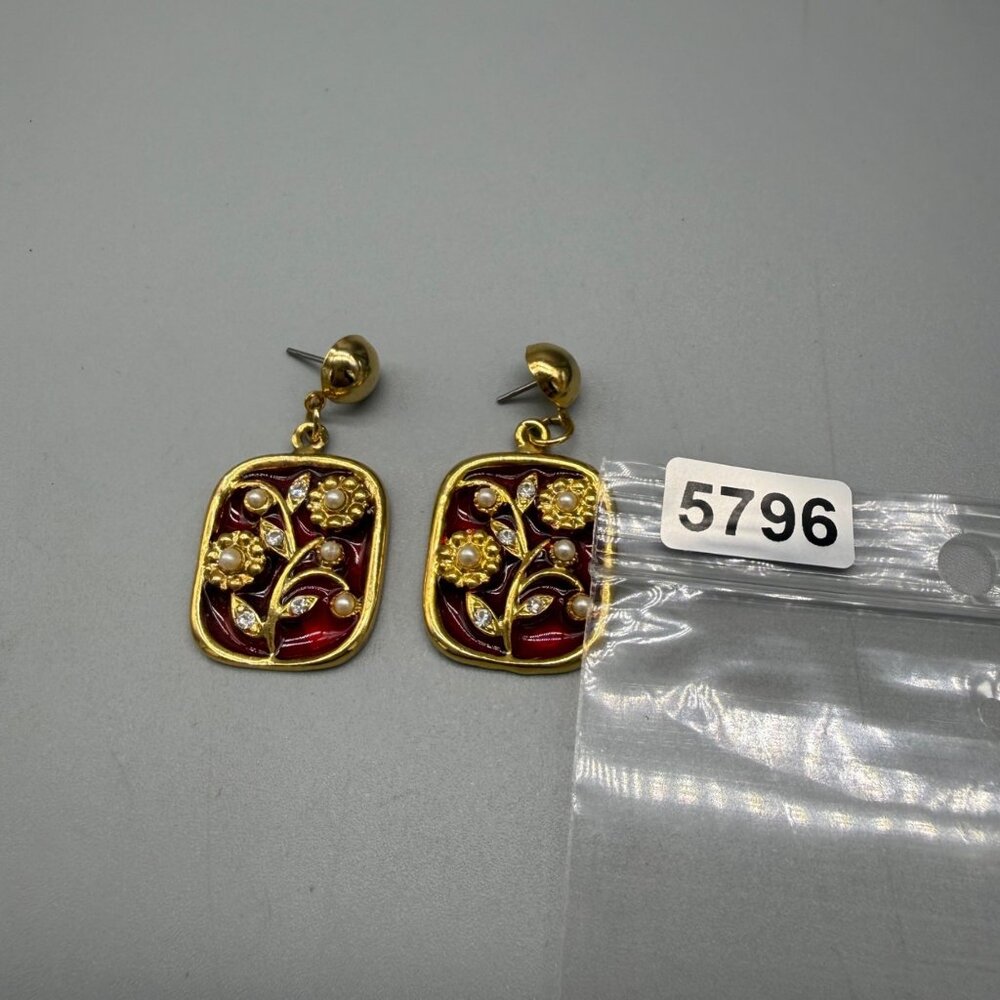 Earrings Dangle Floral Rhinestone Faux Pearls Enamel Asian Gold Tone - Picture 7 of 7